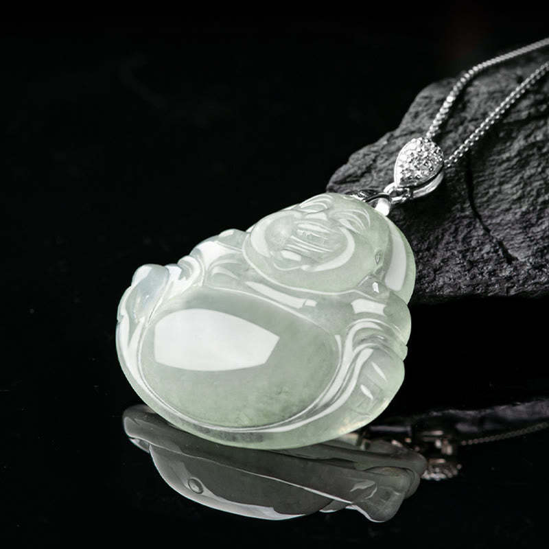 925 Sterling Silver Natural Jade Laughing mystic zen Prosperity Abundance Chain Necklace Pendant