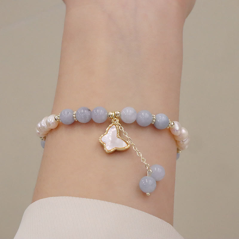 Natural Aquamarine Pearl Healing Ginkgo Leaf Butterfly Charm Bracelet