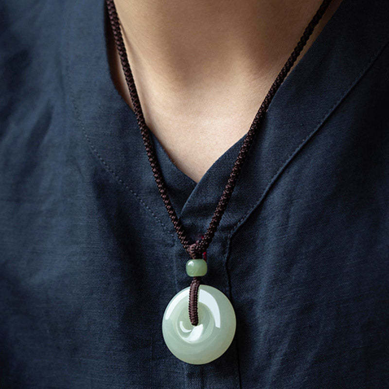 Natural Round Jade Peace Buckle Luck Prosperity Necklace Pendant