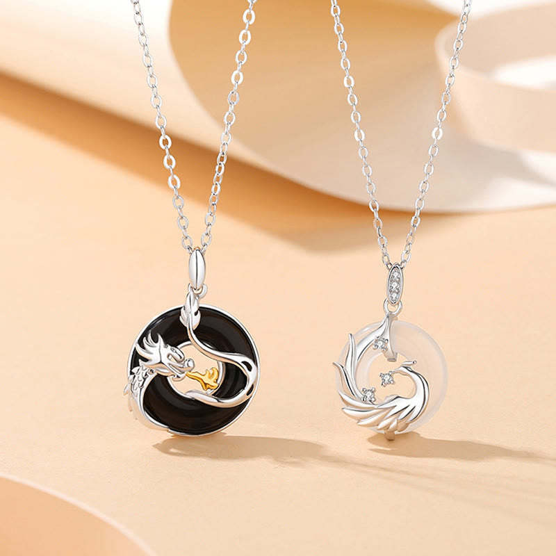 925 Sterling Silver Year of the Dragon Natural Black Onyx Chalcedony Dragon Phoenix Peace Buckle Protection Necklace Pendant