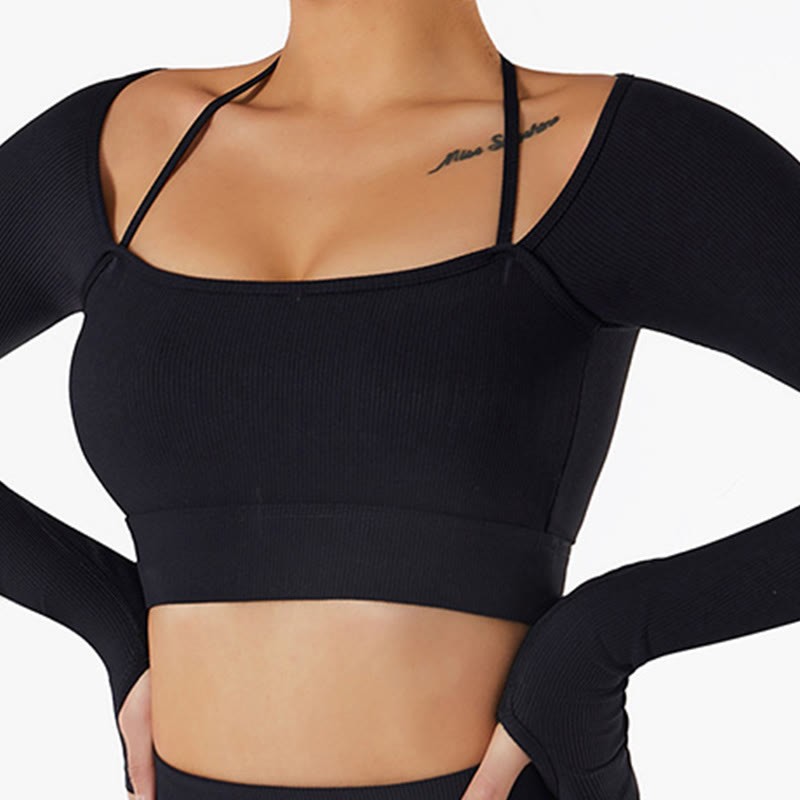 Ribbed Long Sleeve Crop Top T-shirt Shorts Sports Fitness Gym Yoga Outfits