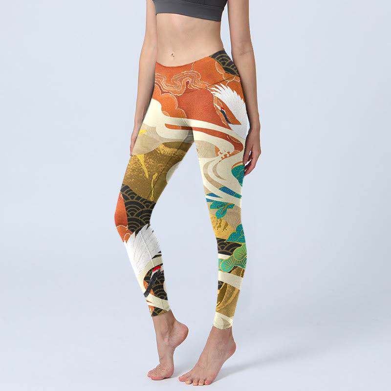 Red-crowned Crane Auspicious Clouds Pine Tree Print Gym Leggings Women's Yoga Pants