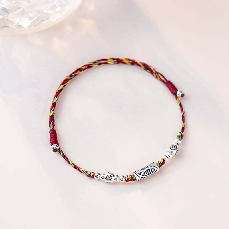 925 Sterling Silver Luck Koi Fish Braided Colorful String Bracelet Anklet