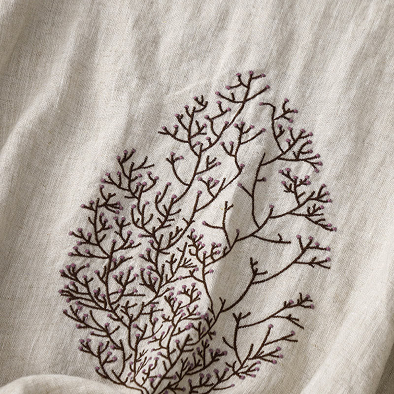 Casual Embroidery Tree Drawstring Women's Crew Neck Design Half Sleeve Cotton LinenT-Shirt