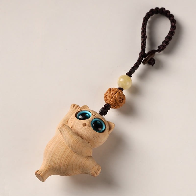 Green Sandalwood Thuja Sutchuenensis Dancing Cat Positive Key Chain Phone Hanging Decoration