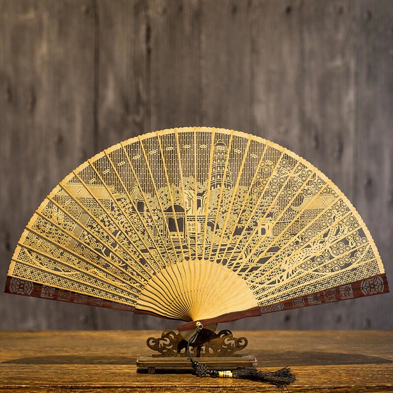 Hollow Carving Suzhou Garden Tiger Hill Pattern Handheld Burmese Wood Folding Fan