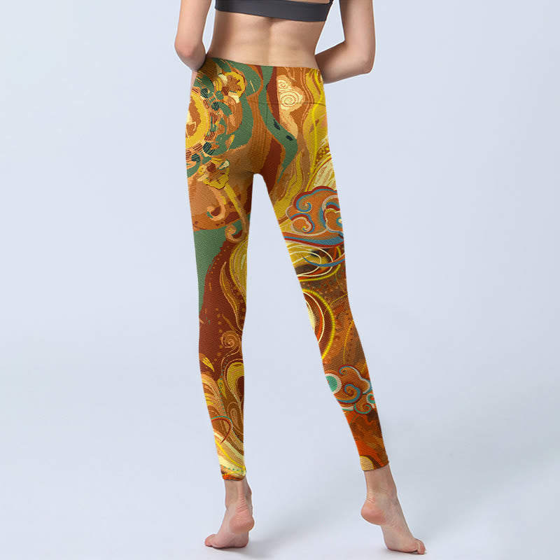 Lotus Bamboo Leaves Print Gym Leggings Women's Yoga Pants