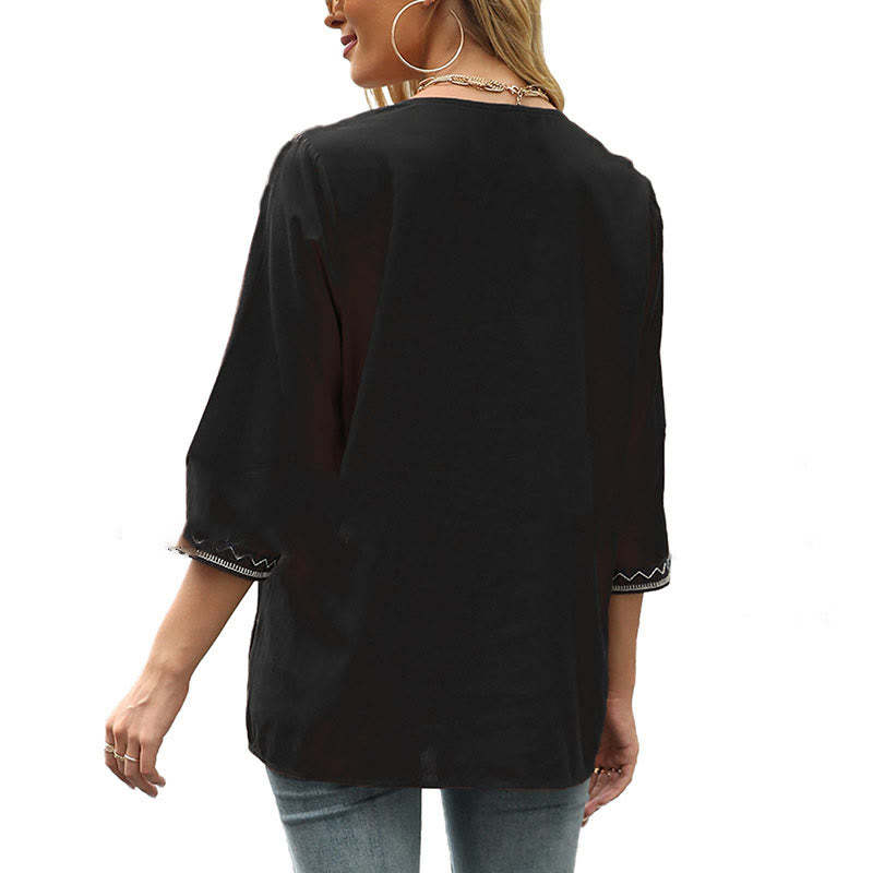 Spring Casual Plain Embroidery Floral Pattern Design Three Quarter Sleeve V-neck Cotton Women's T-Shirt