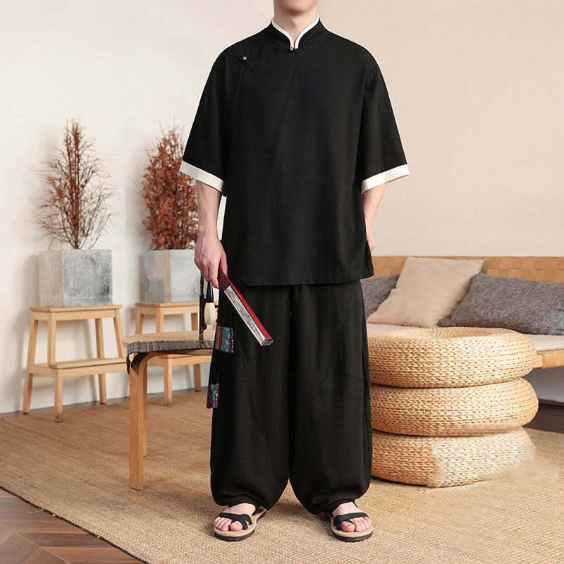 2Pcs Chinese Frog-button Men's Shirt Wide Leg Pants Meditation Cloth Set