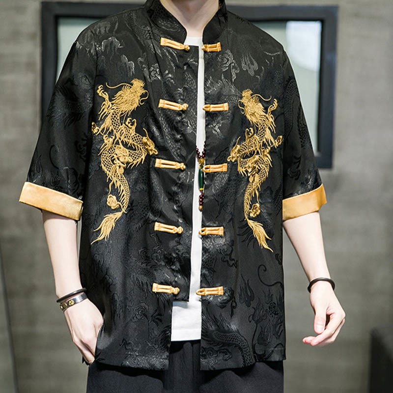 Frog-Button Chinese Dragon Embroidery Half Sleeve Shirt Linen Men Clothing