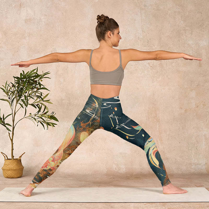 Dark Slate Gray Double Koi Fish Sky Lantern Tower Exercise Leggings Women's Yoga Pants