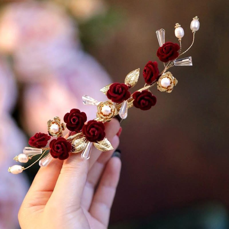 Chinese Oriental Wedding Bridal Red Rose Hair Clip
