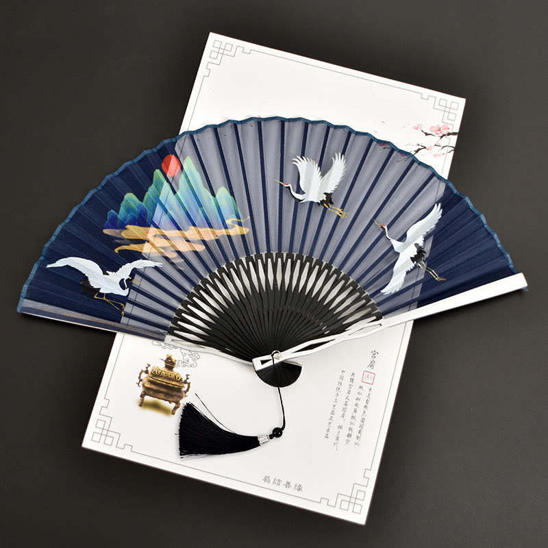 Cranes Auspicious Clouds Solid Color Gradient Handheld Cotton Linen Fabric Bamboo Folding Fan