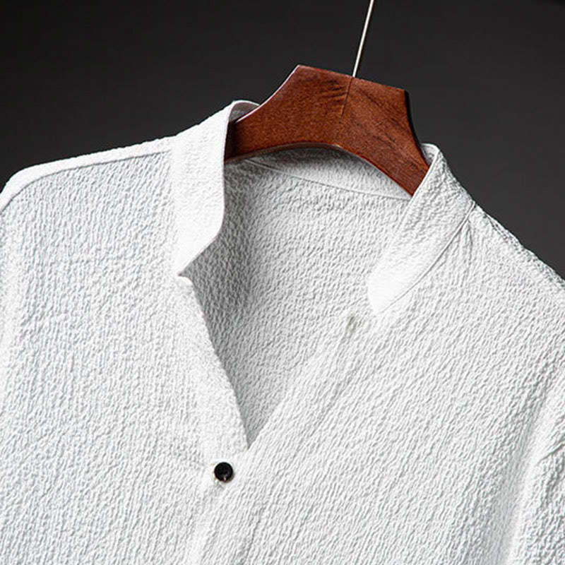 2Pcs Solid Color Texture Button Half Sleeve Shirt Pants Men's Set