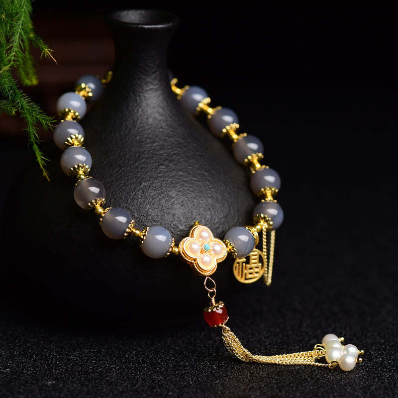 Natural Gray Agate Fu Character Pearl Tassel Balance Bracelet