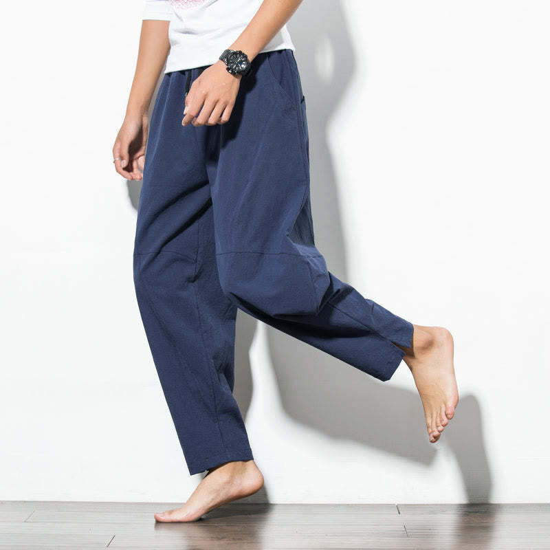 Casual Men's Solid Color Linen Drawstring Pants With Pockets