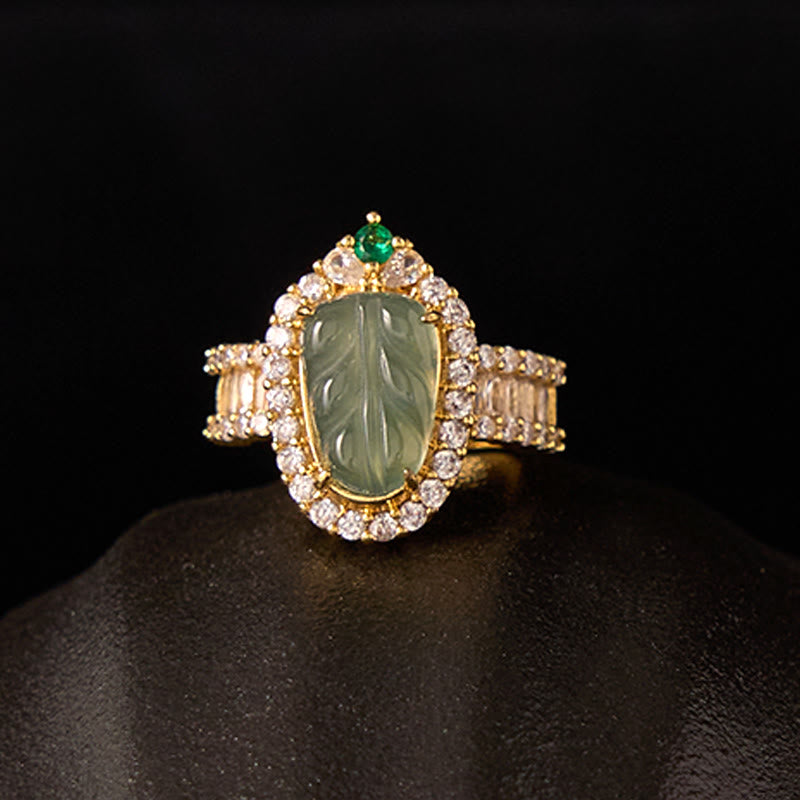 Copper Plated Gold Natural Jade Leaf Full Diamond Luck Adjustable Ring