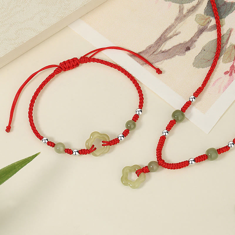 925 Sterling Silver Natural Hetian Cyan Jade Flower Pentagram Luck Red Rope Necklace Pendant Bracelet Set