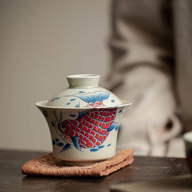 Koi Fish Arowana Ceramic Gaiwan Sancai Teacup Kung Fu Tea Cup With Lid 130ml