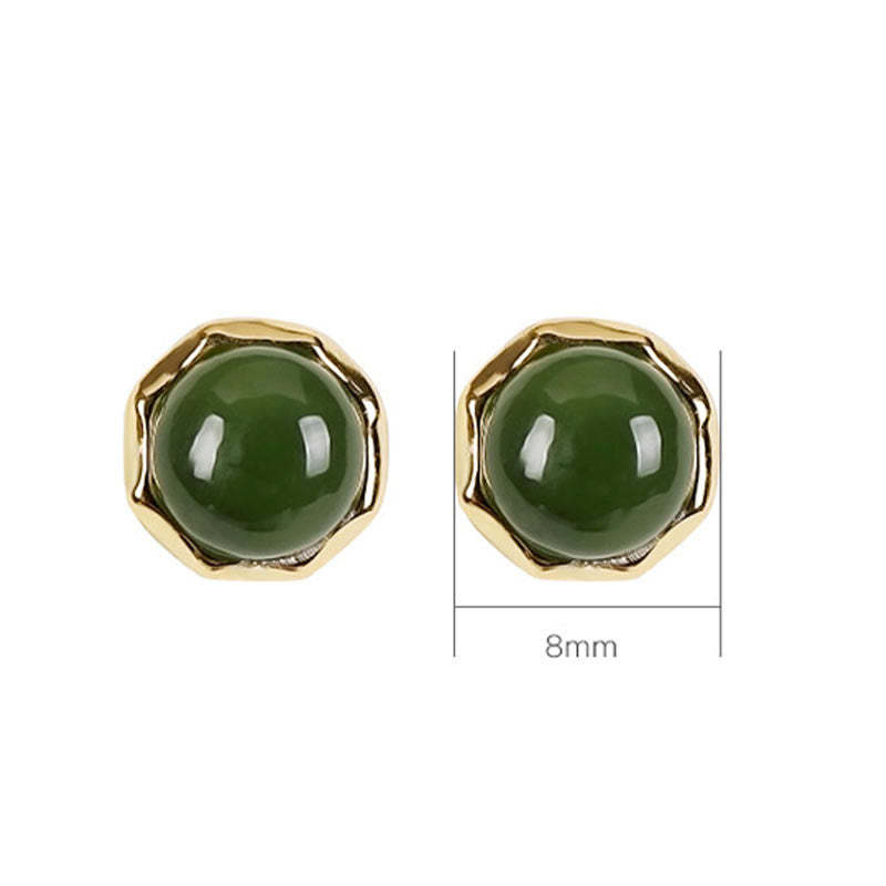 925 Sterling Silver Plated Gold Natural Hetian Cyan Jade Bead Luck Stud Earrings
