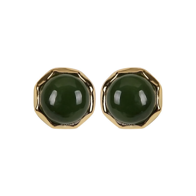 925 Sterling Silver Plated Gold Natural Hetian Cyan Jade Bead Luck Stud Earrings