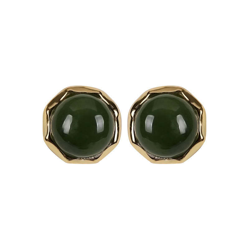 925 Sterling Silver Plated Gold Natural Hetian Cyan Jade Bead Luck Stud Earrings