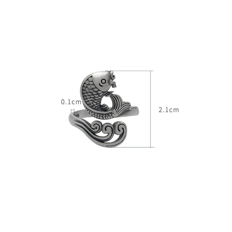 925 Sterling Silver Koi Fish Water Ripple Luck Wealth Ring