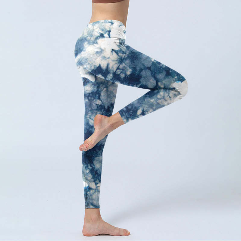 Blue Lily Flowers Watercolor Texture Print Gym Leggings Women's Yoga Pants