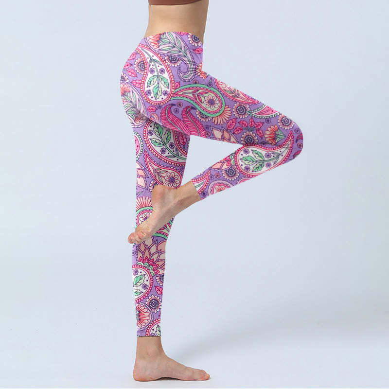 Purple Pink Cashew Flower Sunflower Print Gym Fitness Leggings Women's Yoga Pants