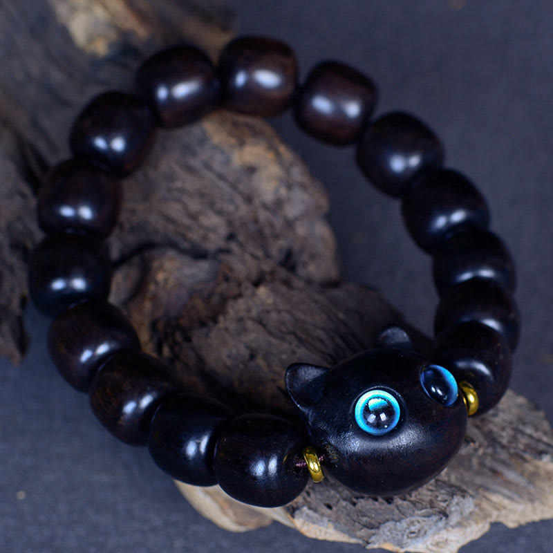 Ebony Wood Liuli Glass Lovely Cat Peace Balance Bracelet