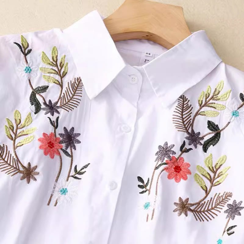 Summer Solid Color Embroidery Plants Flower Three Quarter Sleeve Lapel Button Cotton Women's Shirt