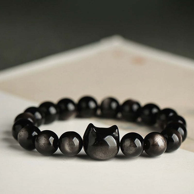 Gold Sheen Obsidian Silver Sheen Obsidian Lovely Paw Lucky Cat Protection Bracelet