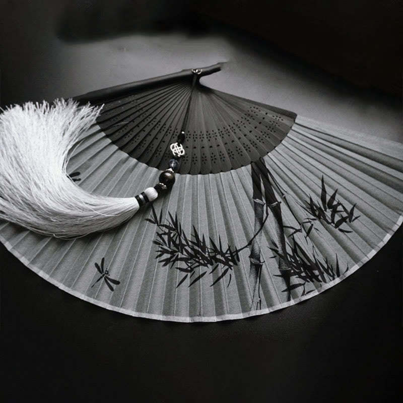 Ink Bamboo Polyester Handheld Bamboo Folding Fan