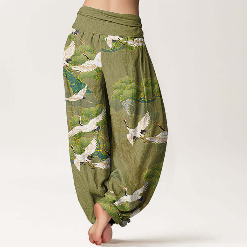 Crane Pine Tree Totem Pattern Women's Elastic Waist Harem Pants