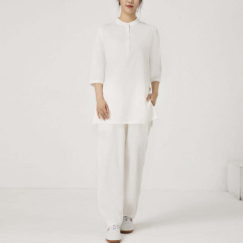 2Pcs Solid Color Three Quarter Shirt Top Pants Meditation Zen Tai Chi Cotton Linen Clothing Women's Set