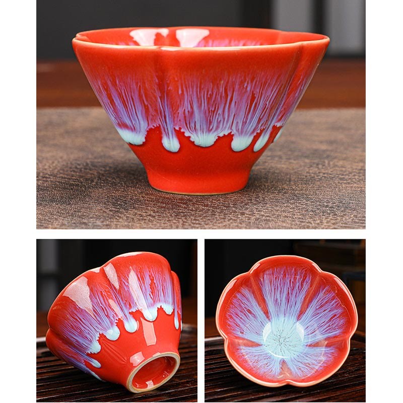 6Pcs Plum Blossom Petal Pattern Chinese Jianzhan Kiln Change Ceramic Teacup Kung Fu Tea Cup Bowl With Gift Box