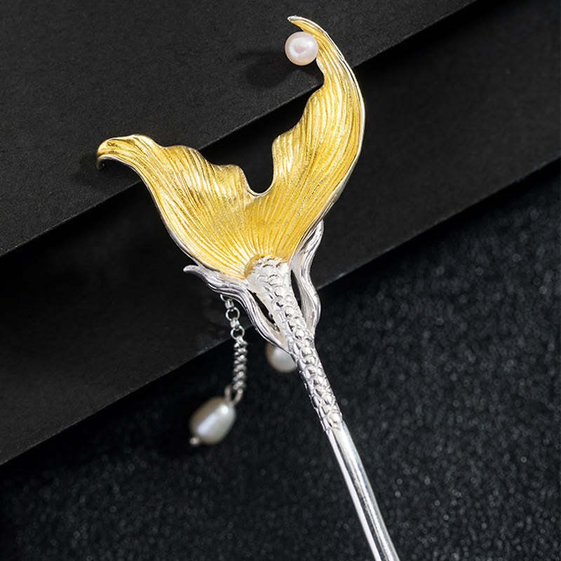 925 Sterling Silver Classical Chinese Style Fish Tail Pearl Tassel Calm Hairpin