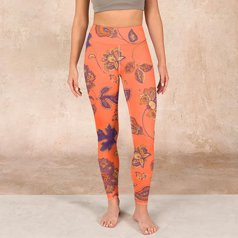 Orange Maple Leaves Flowers Print Gym Leggings Women's Yoga Pants