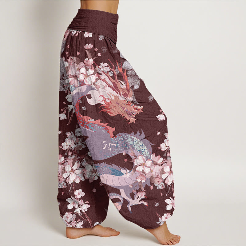 Casual Dragon Cherry Blossoms Women's Elastic Waist Harem Pants