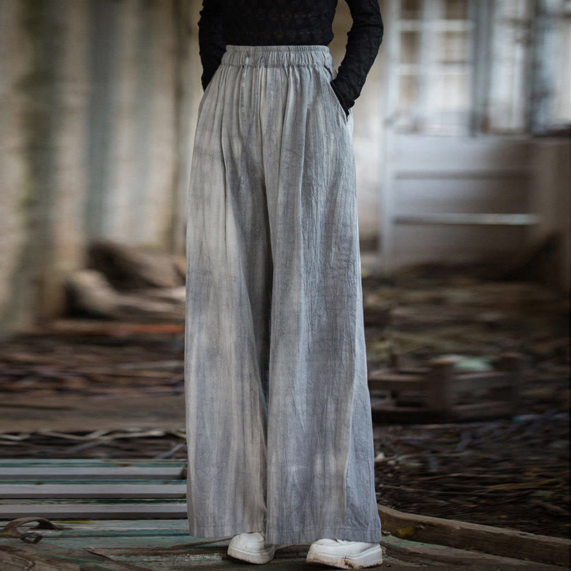Casual Plain Loose Handmade Tie-Dye Women's Ramie Cotton Wide Leg Pants With Pockets