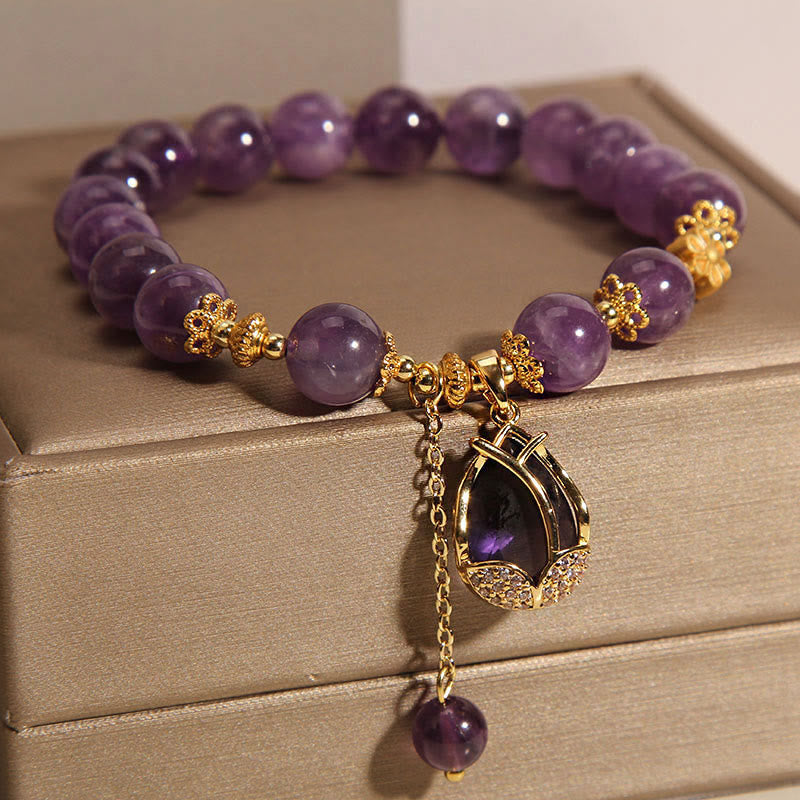Amethyst Lily Charm Balance Healing Bracelet