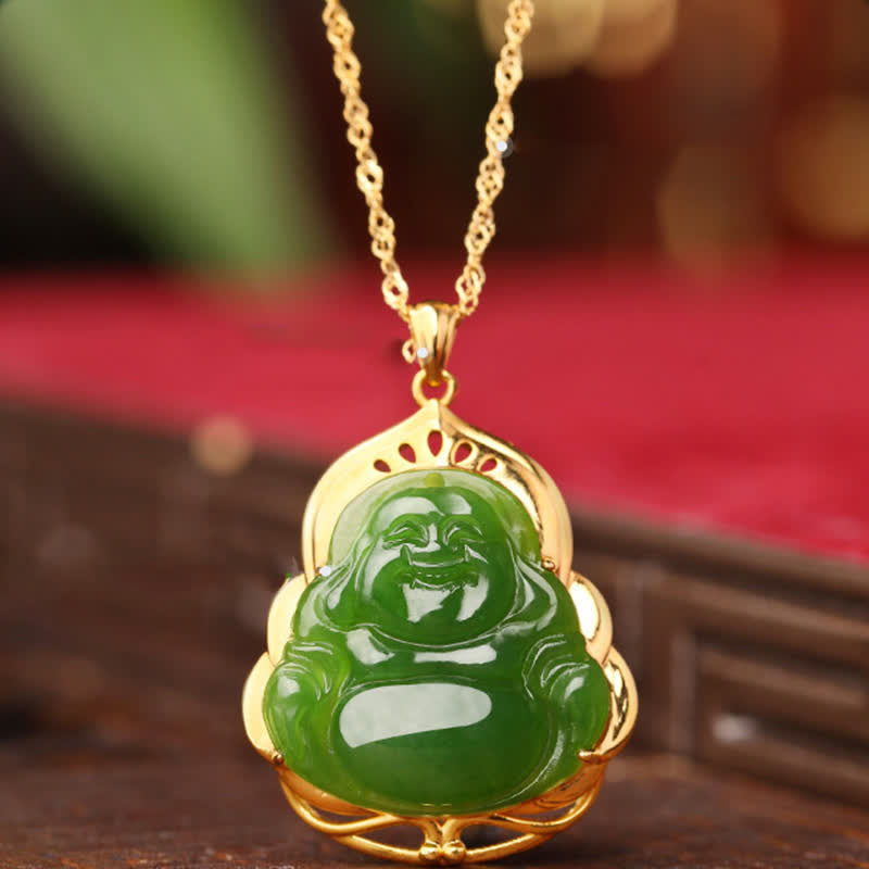 925 Sterling Silver Natural Hetian Cyan Jade Laughing mystic zen 18K Gold Healing Necklace Chain Pendant