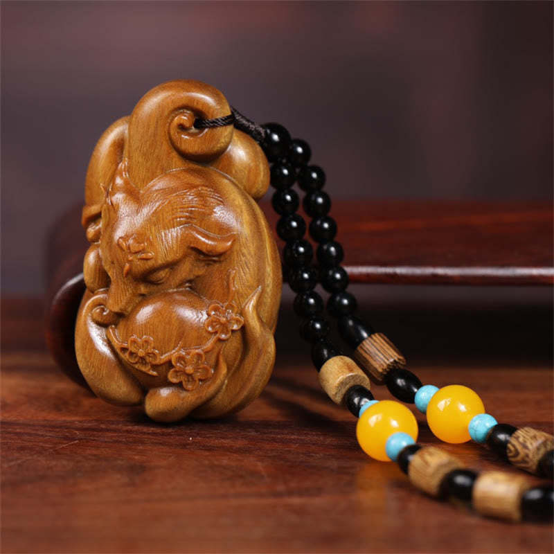 Mini Nine-Tailed Fox Green Sandalwood Peace Decoration Car Hanging Decoration