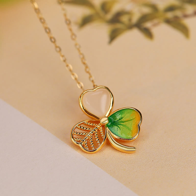 925 Sterling Silver Plated Gold Hetian Jade Luck Shamrock Clover Necklace Pendant Earrings