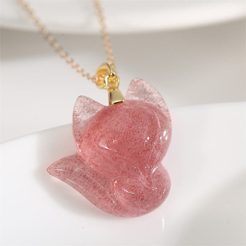 14k Gold Plated 925 Sterling Silver Strawberry Quartz Fox Healing Necklace Pendant