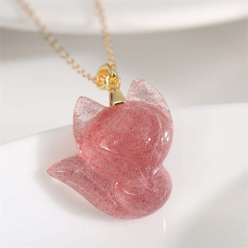 14k Gold Plated 925 Sterling Silver Strawberry Quartz Fox Healing Necklace Pendant