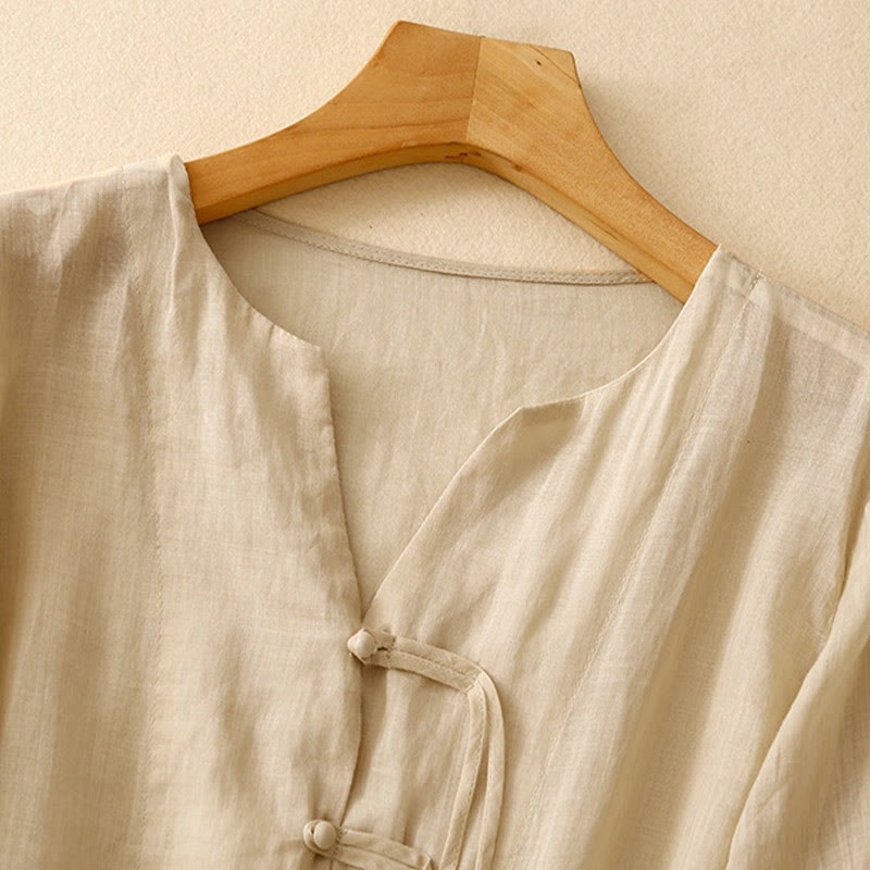 Casual Women's V-Neck Design Half Bell Sleeve Cotton Linen Cardigan Shirt