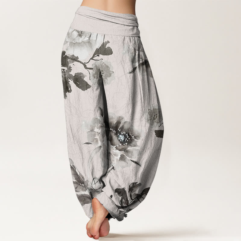 Folwers With Leaves Pattern Women's Elastic Waist Harem Pants