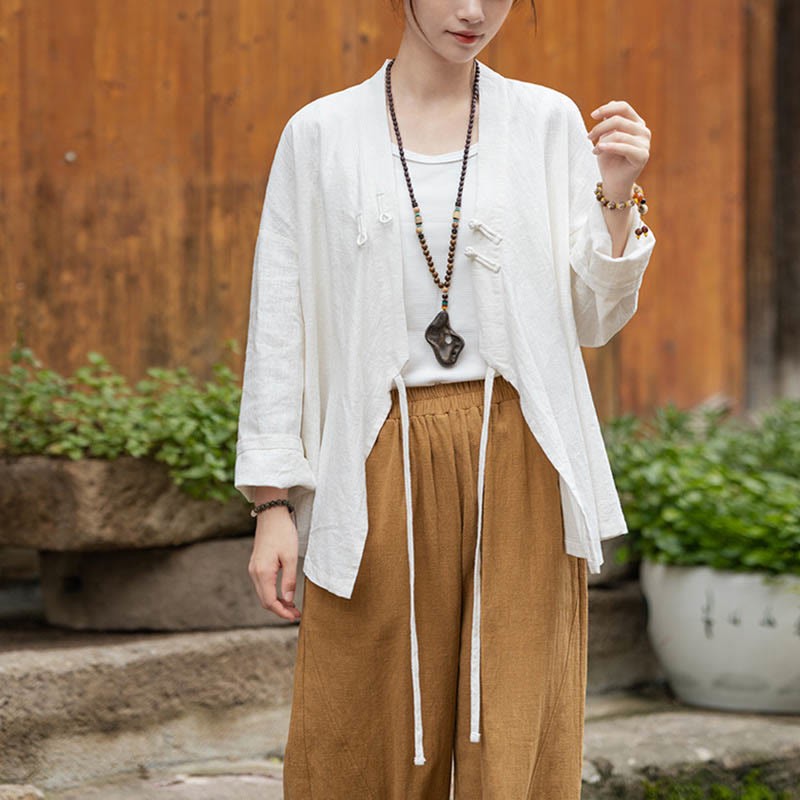 Frog-Button Hanfu Design Shirt Top Ramie Linen Jacket