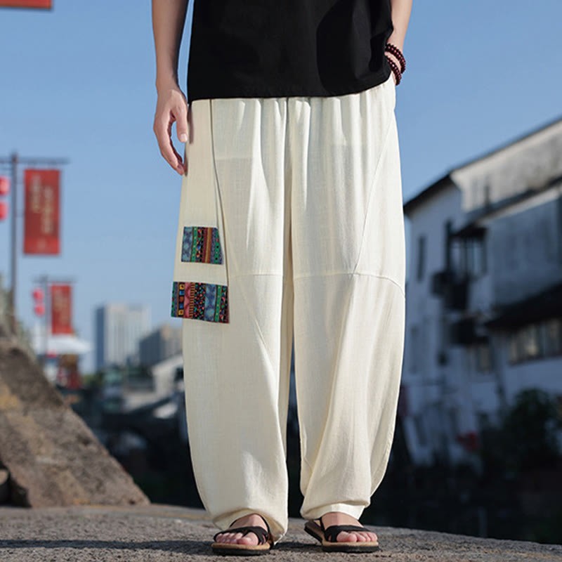 Simple Patchwork Design Drawstring Cotton Men's Wide Leg Pants With Pockets